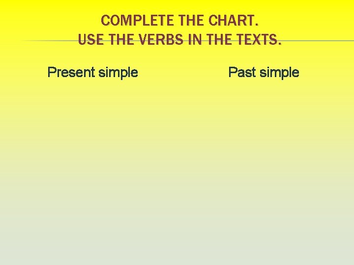 COMPLETE THE CHART. USE THE VERBS IN THE TEXTS. Present simple Past simple 