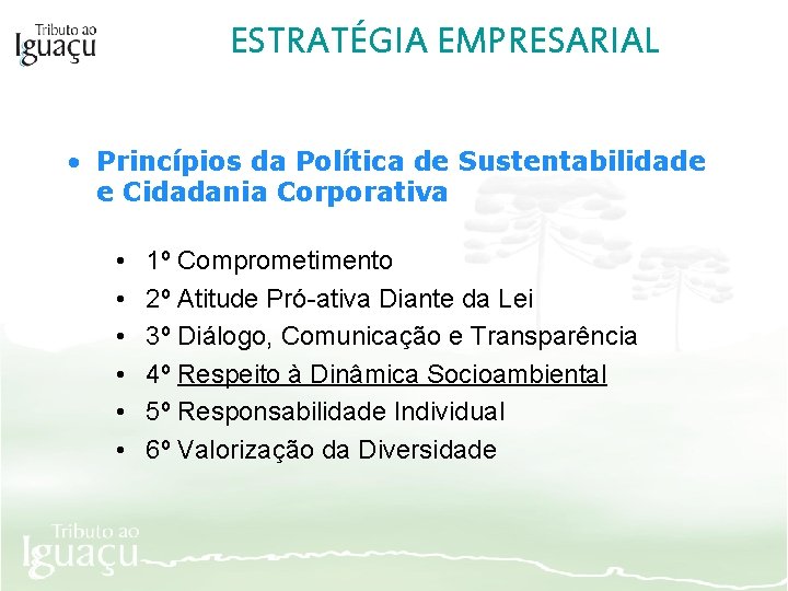 ESTRATÉGIA EMPRESARIAL • Princípios da Política de Sustentabilidade e Cidadania Corporativa • • •