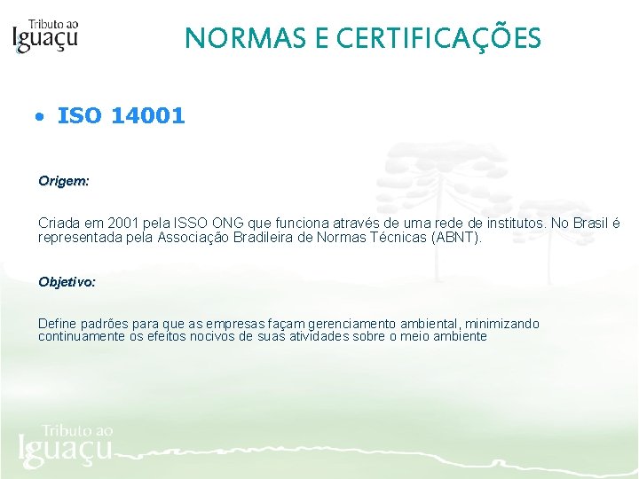 NORMAS E CERTIFICAÇÕES • ISO 14001 Origem: Criada em 2001 pela ISSO ONG que
