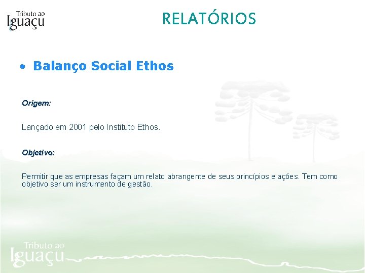 RELATÓRIOS • Balanço Social Ethos Origem: Lançado em 2001 pelo Instituto Ethos. Objetivo: Permitir