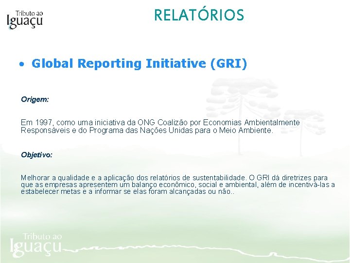 RELATÓRIOS • Global Reporting Initiative (GRI) Origem: Em 1997, como uma iniciativa da ONG