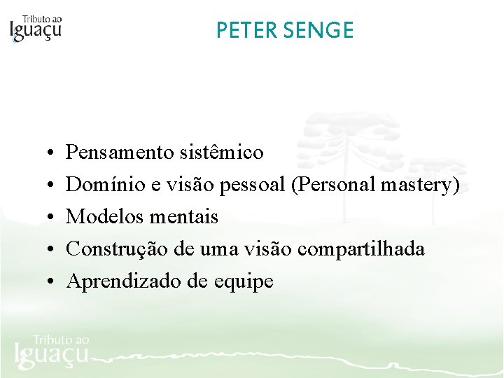 PETER SENGE • • • Pensamento sistêmico Domínio e visão pessoal (Personal mastery) Modelos