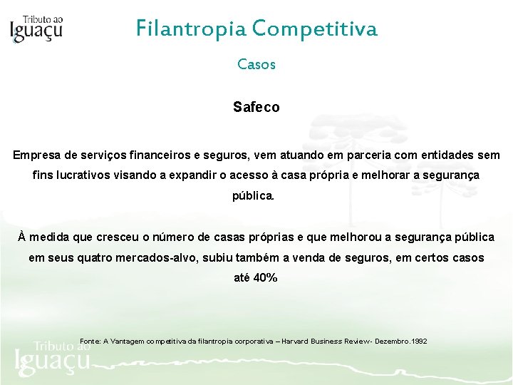 Filantropia Competitiva Casos Safeco Empresa de serviços financeiros e seguros, vem atuando em parceria
