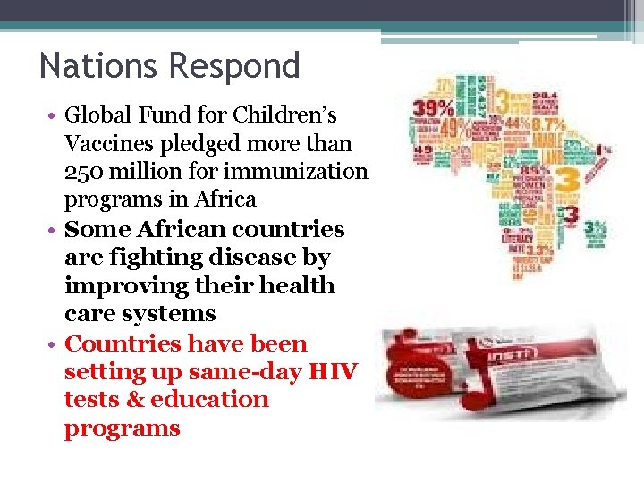 Nations Respond • Global Fund for Children’s Vaccines pledged more than 250 million for