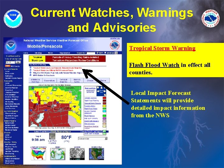 Current Watches, Warnings and Advisories Tropical Storm Warning Flash Flood Watch in effect all