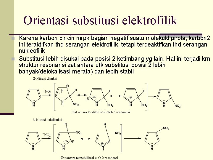 Orientasi substitusi elektrofilik n Karena karbon cincin mrpk bagian negatif suatu molekukl pirola, karbon