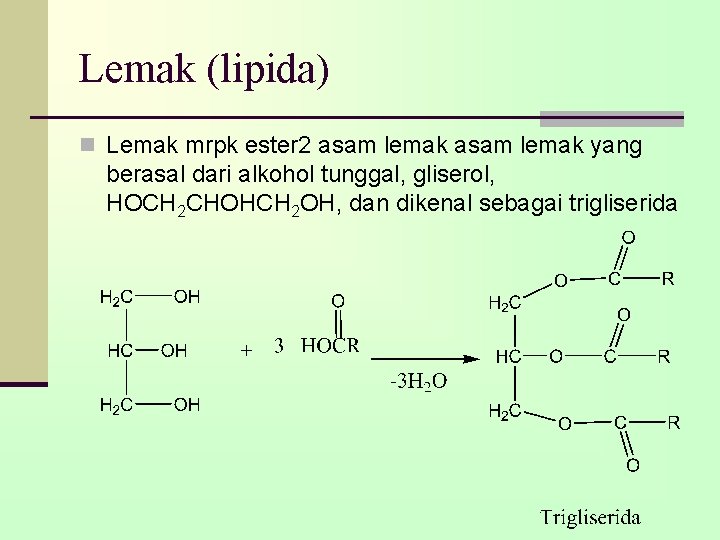 Lemak (lipida) n Lemak mrpk ester 2 asam lemak yang berasal dari alkohol tunggal,