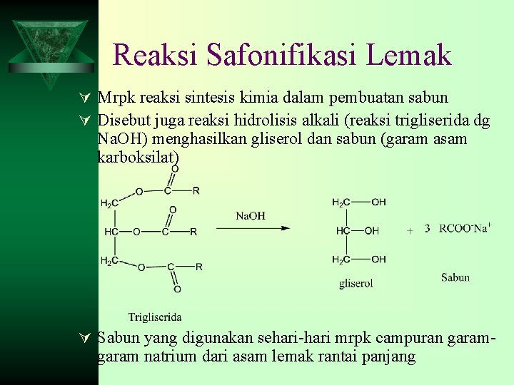 Reaksi Safonifikasi Lemak Ú Mrpk reaksi sintesis kimia dalam pembuatan sabun Ú Disebut juga