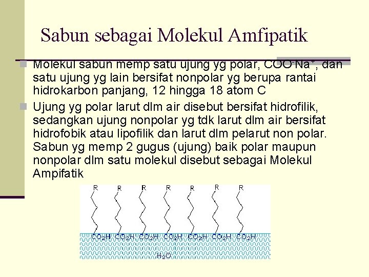 Sabun sebagai Molekul Amfipatik n Molekul sabun memp satu ujung yg polar, COO-Na+, dan