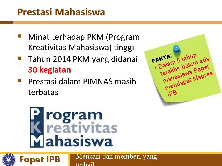 Prestasi Mahasiswa § Minat terhadap PKM (Program Kreativitas Mahasiswa) tinggi § Tahun 2014 PKM