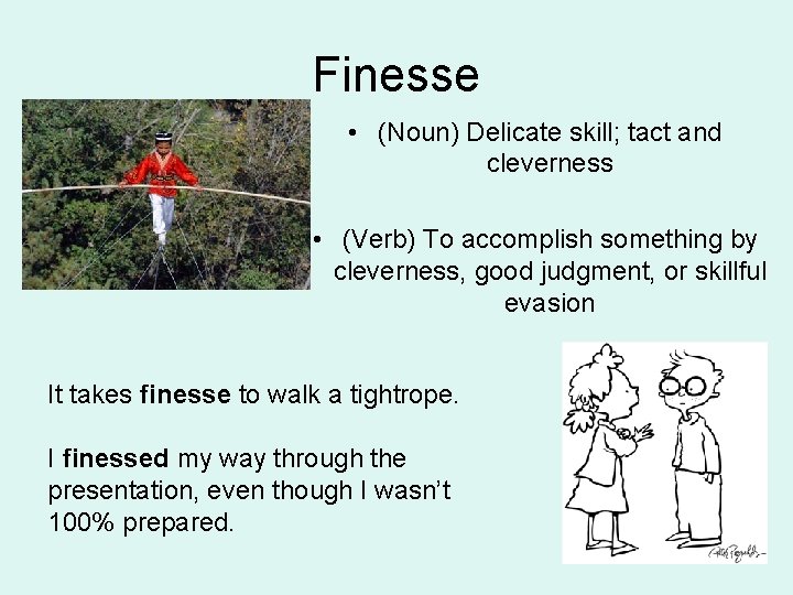 Finesse • (Noun) Delicate skill; tact and cleverness • (Verb) To accomplish something by