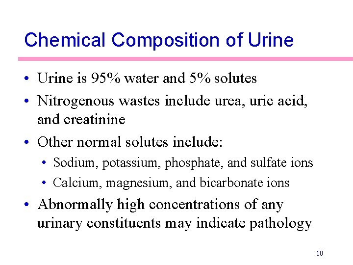 Chemical Composition of Urine • Urine is 95% water and 5% solutes • Nitrogenous