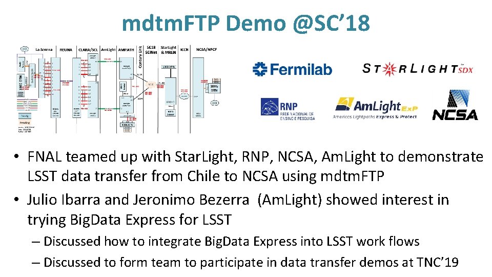 mdtm. FTP Demo @SC’ 18 • FNAL teamed up with Star. Light, RNP, NCSA,