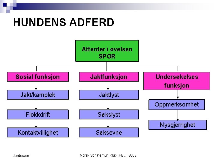 HUNDENS ADFERD Atferder i øvelsen SPOR Sosial funksjon Jakt/kamplek Jaktlyst Undersøkelses funksjon Oppmerksomhet Flokkdrift