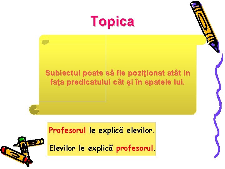 Topica Subiectul poate să fie poziţionat atât in faţa predicatului cât şi în spatele