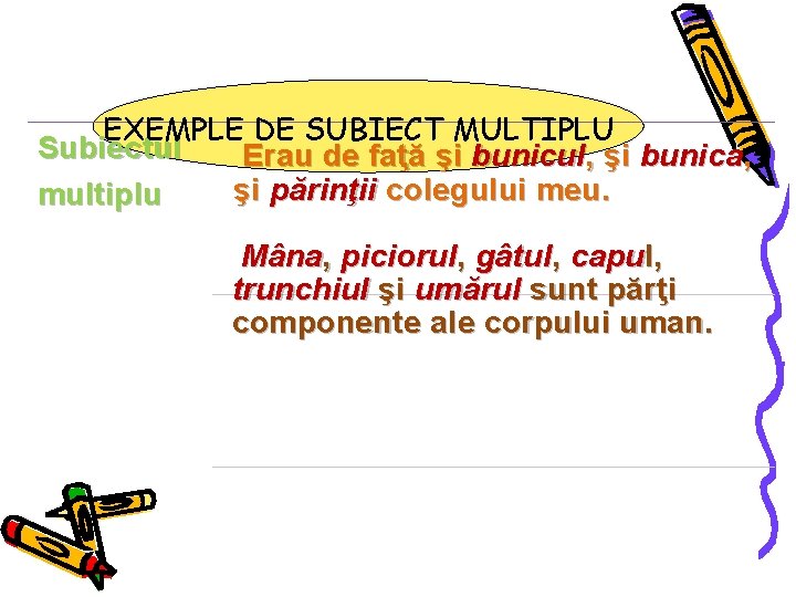 EXEMPLE DE SUBIECT MULTIPLU Subiectul Erau de faţă şi bunicul, şi bunica, şi părinţii