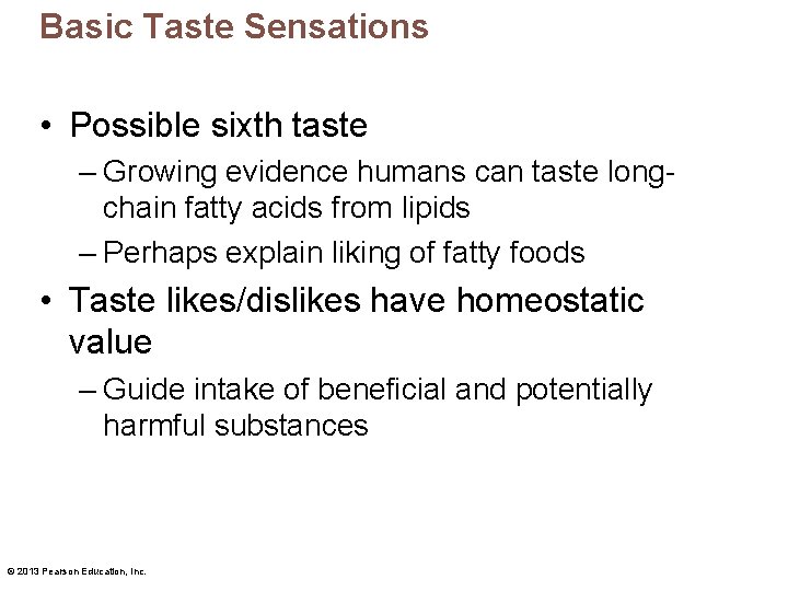 Basic Taste Sensations • Possible sixth taste – Growing evidence humans can taste longchain