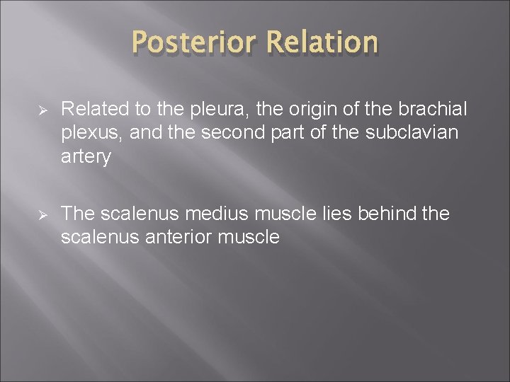 Posterior Relation Ø Related to the pleura, the origin of the brachial plexus, and