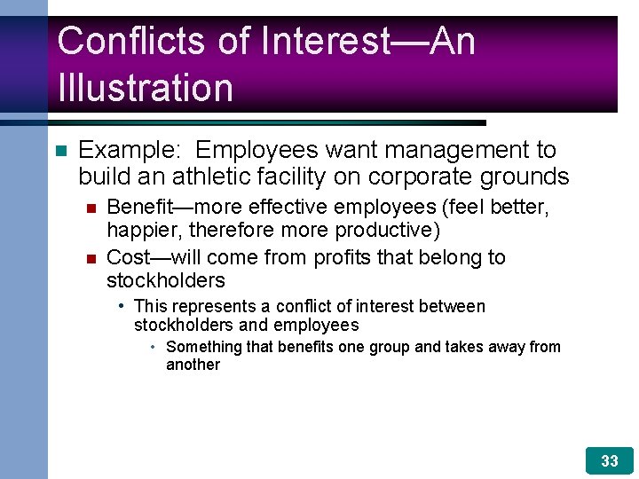 Conflicts of Interest—An Illustration n Example: Employees want management to build an athletic facility