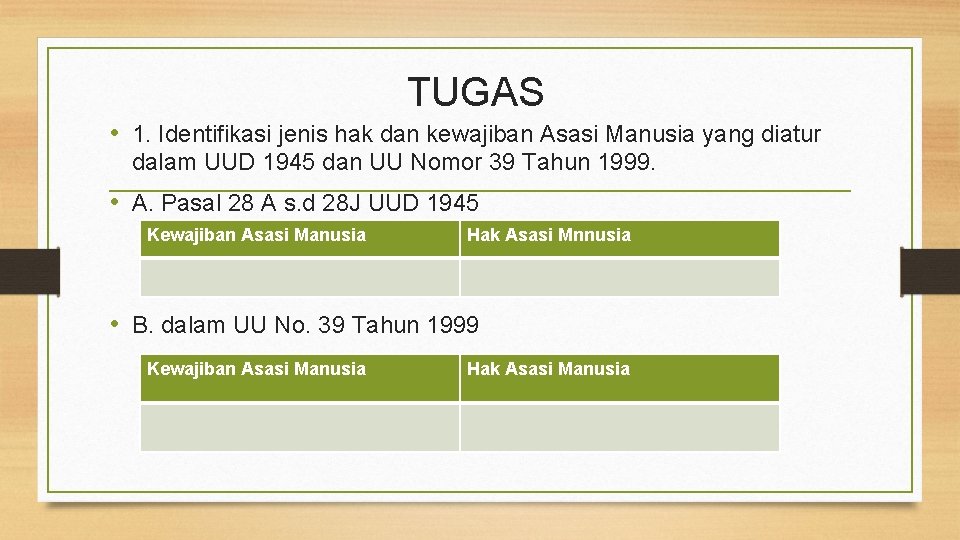 TUGAS • 1. Identifikasi jenis hak dan kewajiban Asasi Manusia yang diatur dalam UUD