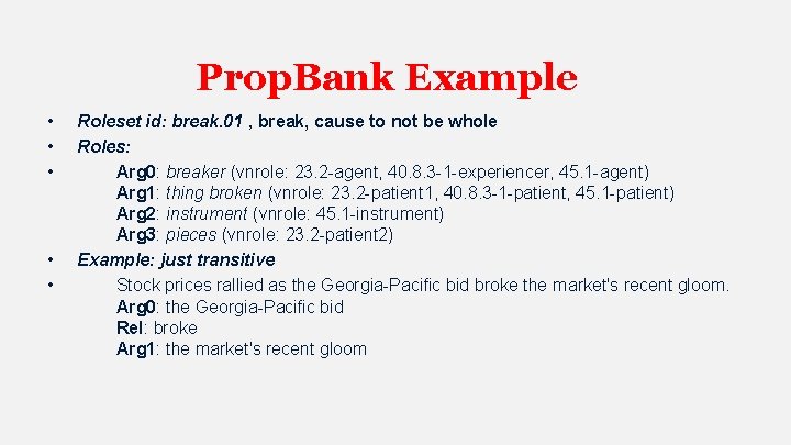 Prop. Bank Example • • • Roleset id: break. 01 , break, cause to