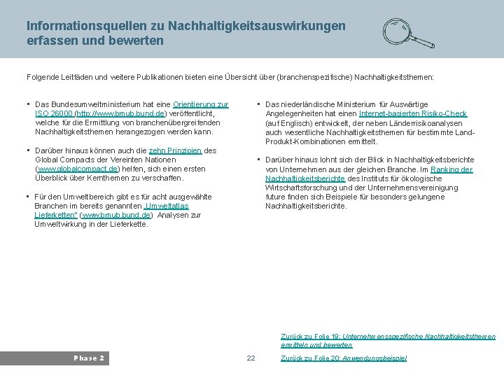 Informationsquellen zu Nachhaltigkeitsauswirkungen Bayerisches Landesamt für Umwelt erfassen und bewerten Folgende Leitfäden und weitere