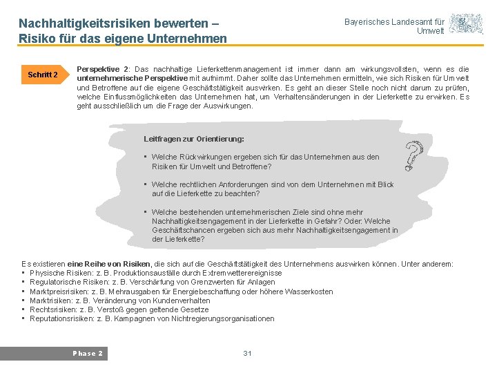 Nachhaltigkeitsrisiken bewerten – Risiko für das eigene Unternehmen Schritt 2 Bayerisches Landesamt für Umwelt