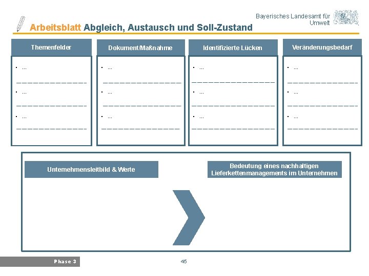 Arbeitsblatt Abgleich, Austausch und Soll-Zustand Themenfelder Dokument/Maßnahme Bayerisches Landesamt für Umwelt Identifizierte Lücken Veränderungsbedarf