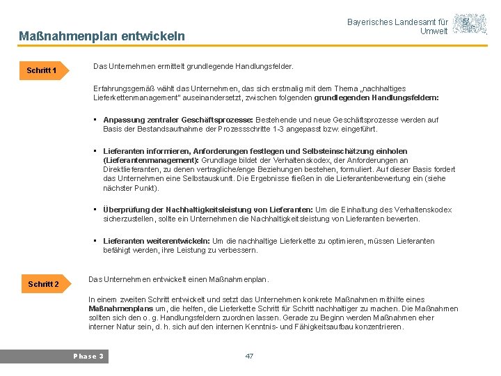 Bayerisches Landesamt für Umwelt Maßnahmenplan entwickeln Schritt 1 Das Unternehmen ermittelt grundlegende Handlungsfelder. Erfahrungsgemäß
