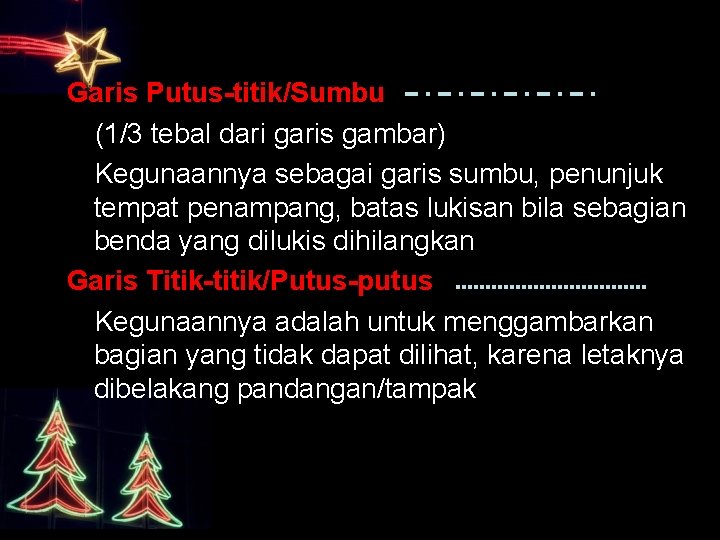 Garis Putus-titik/Sumbu (1/3 tebal dari garis gambar) Kegunaannya sebagai garis sumbu, penunjuk tempat penampang,