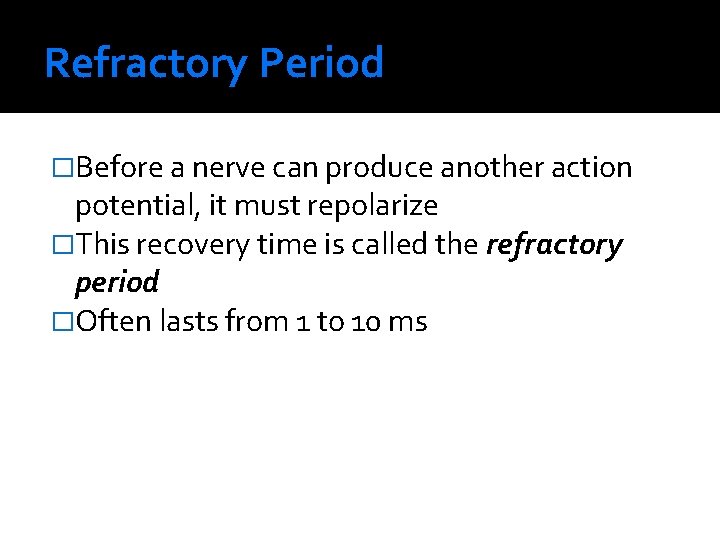 Refractory Period �Before a nerve can produce another action potential, it must repolarize �This