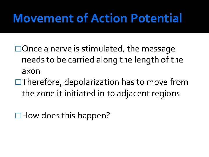 Movement of Action Potential �Once a nerve is stimulated, the message needs to be