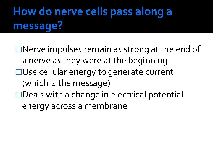 How do nerve cells pass along a message? �Nerve impulses remain as strong at