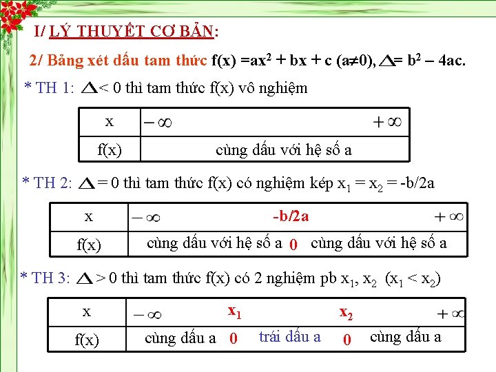 I/ LÝ THUYẾT CƠ BẢN: 2/ Bảng xét dấu tam thức f(x) =ax 2