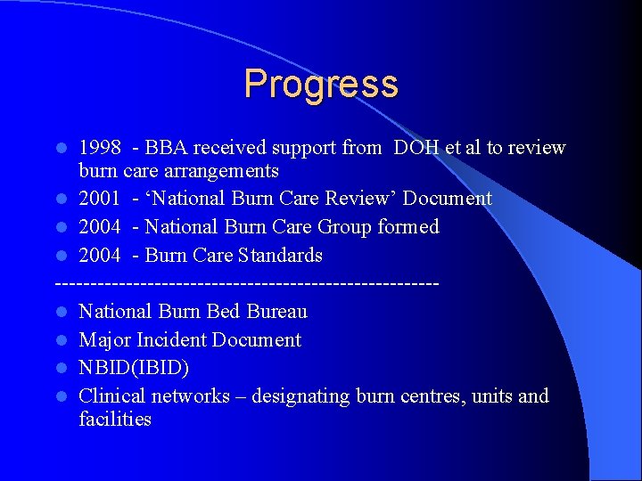 Progress 1998 - BBA received support from DOH et al to review burn care