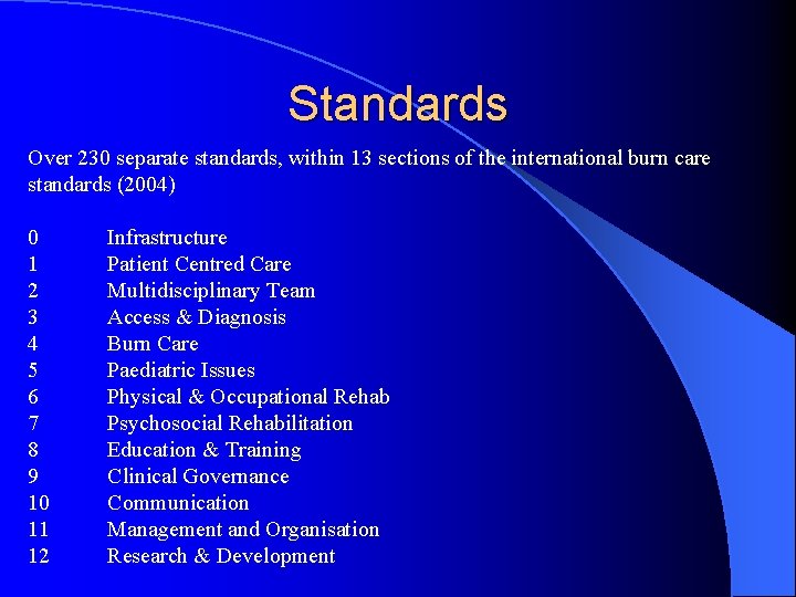 Standards Over 230 separate standards, within 13 sections of the international burn care standards
