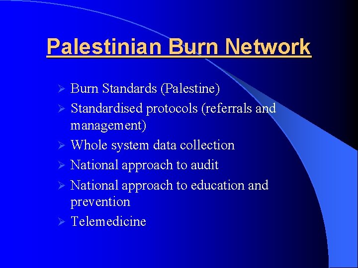 Palestinian Burn Network Ø Ø Ø Burn Standards (Palestine) Standardised protocols (referrals and management)