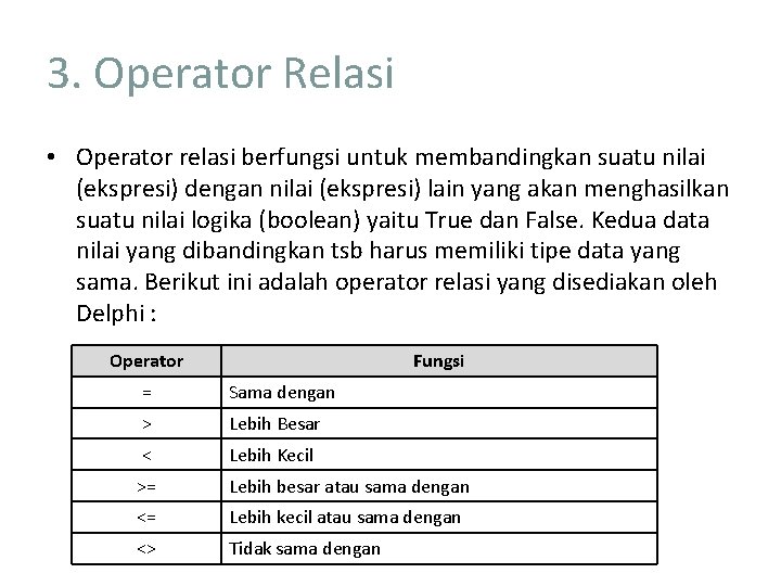 3. Operator Relasi • Operator relasi berfungsi untuk membandingkan suatu nilai (ekspresi) dengan nilai