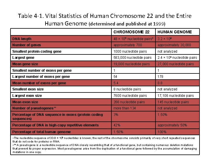 Table 4 -1. Vital Statistics of Human Chromosome 22 and the Entire Human Genome