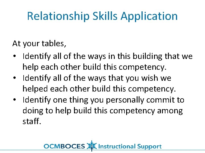 Relationship Skills Application At your tables, • Identify all of the ways in this