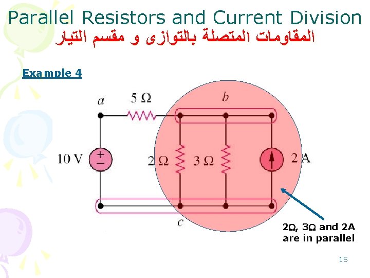 Parallel Resistors and Current Division ﺍﻟﻤﻘﺎﻭﻣﺎﺕ ﺍﻟﻤﺘﺼﻠﺔ ﺑﺎﻟﺘﻮﺍﺯﻯ ﻭ ﻣﻘﺴﻢ ﺍﻟﺘﻴﺎﺭ Example 4 2