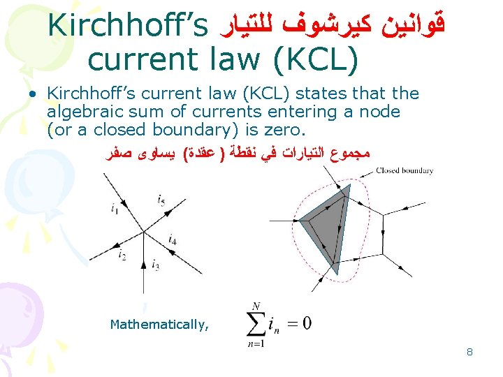 Kirchhoff’s ﻗﻮﺍﻧﻴﻦ ﻛﻴﺮﺷﻮﻑ ﻟﻠﺘﻴﺎﺭ current law (KCL) • Kirchhoff’s current law (KCL) states that