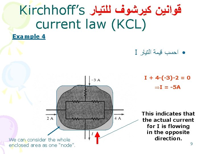 Kirchhoff’s ﻗﻮﺍﻧﻴﻦ ﻛﻴﺮﺷﻮﻑ ﻟﻠﺘﻴﺎﺭ current law (KCL) Example 4 I • ﺍﺣﺴﺐ ﻗﻴﻤﺔ ﺍﻟﺘﻴﺎﺭ