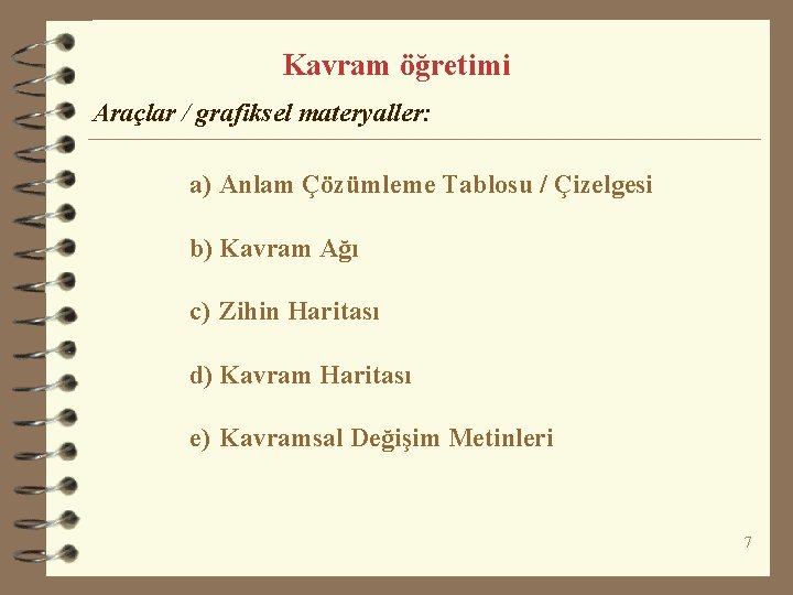 Kavram öğretimi Araçlar / grafiksel materyaller: a) Anlam Çözümleme Tablosu / Çizelgesi b) Kavram