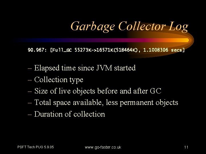 Garbage Collector Log 90. 967: [Full_GC 55273 K->16571 K(518464 K), 1. 1008306 secs] –