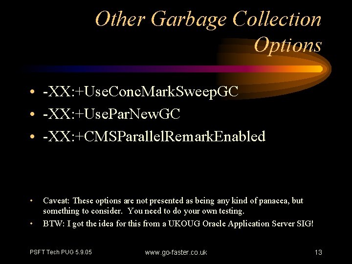 Other Garbage Collection Options • -XX: +Use. Conc. Mark. Sweep. GC • -XX: +Use.