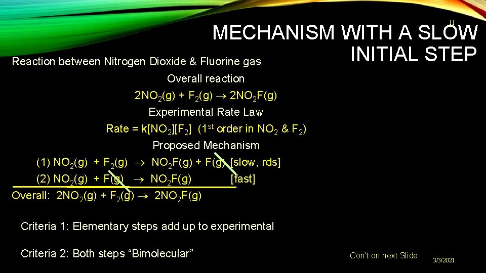 11 MECHANISM WITH A SLOW INITIAL STEP Reaction between Nitrogen Dioxide & Fluorine gas