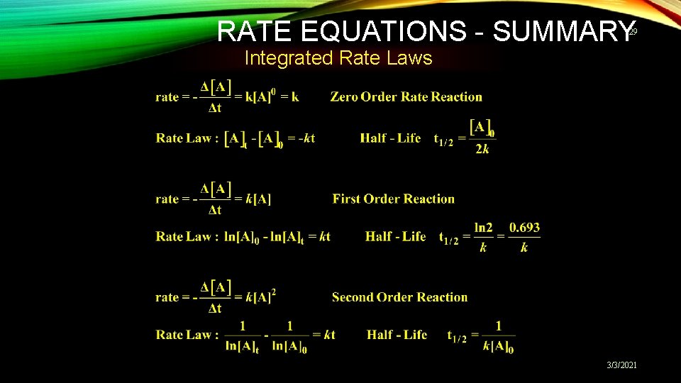 RATE EQUATIONS - SUMMARY 29 Integrated Rate Laws 3/3/2021 