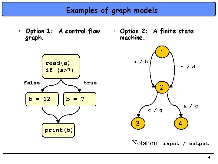 Examples of graph models • Option 1: A control flow graph. • Option 2: