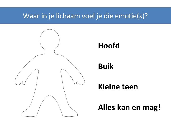 Waar in je lichaam voel je die emotie(s)? Hoofd Buik Kleine teen Alles kan